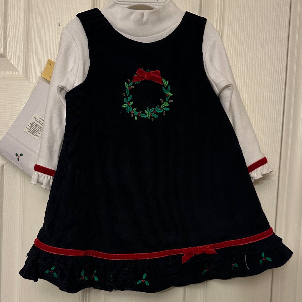 Festive Blue Dress with Red and Green Accents